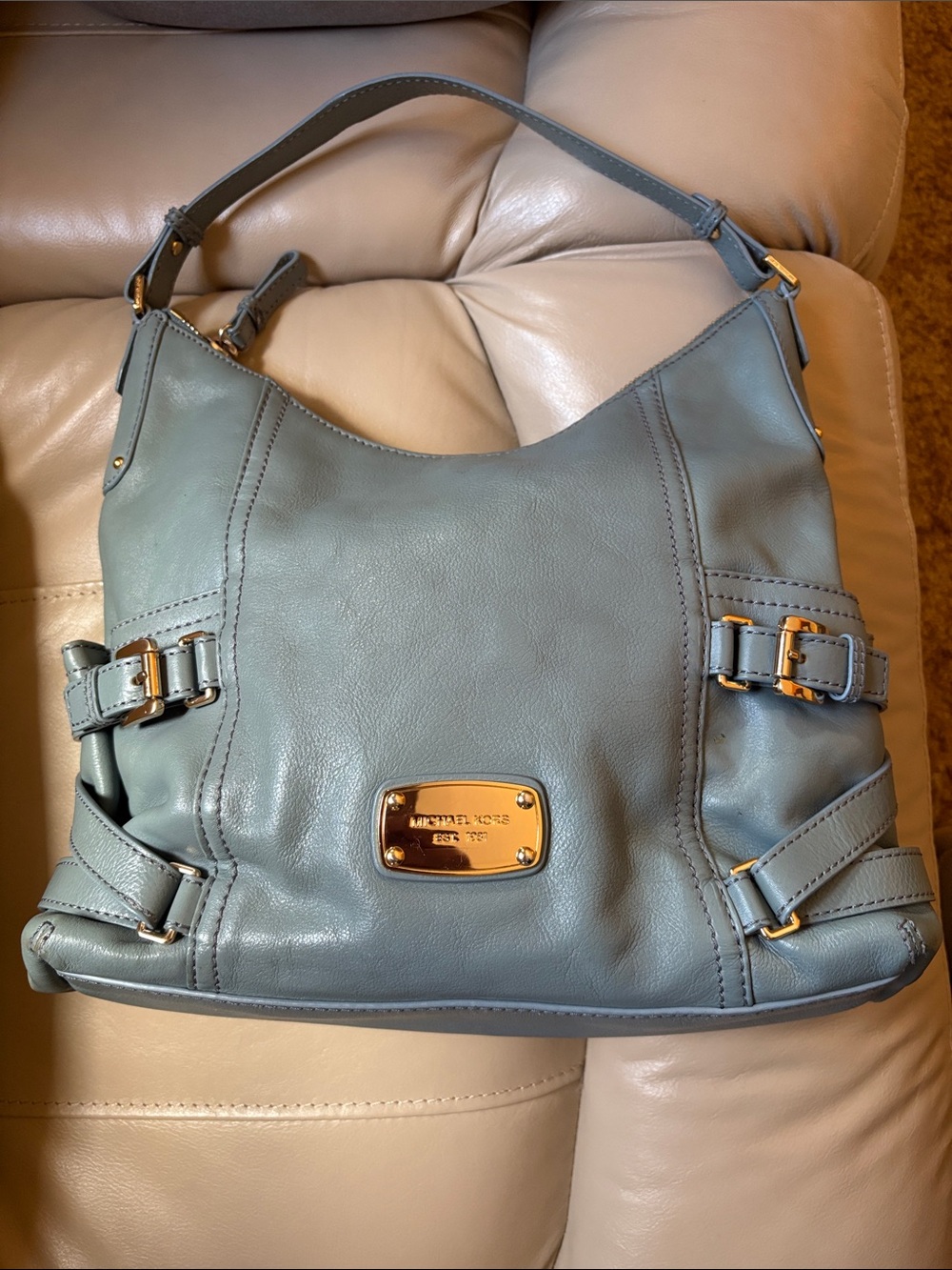 MK Blue-Green Leather Hobo with Gold Hardware